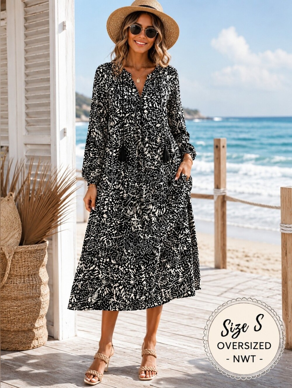 Umgee NWT Black & Ivory Abstract Print Tassel Tie Long Sleeve Tiered Midi Dress
